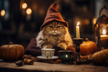 Halloween cat in witchy hat, coffee, pumpkins and burning candles