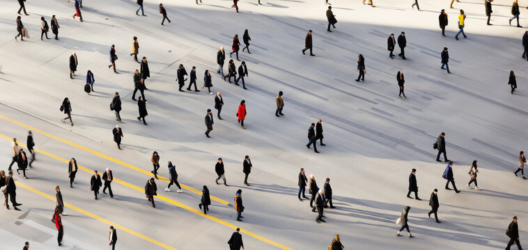 drone photo of people walking in city square