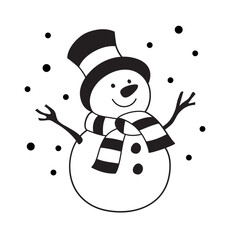 Vector black and white illustration. Cute white snowman cut out on white background. - 644957333