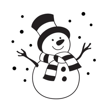 Vector black and white illustration. Cute white snowman cut out on white background.