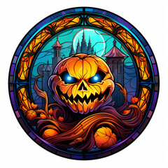 Colorful round stained glass Halloween window with pumpkin, cartoon, illustration on white background, AI generated