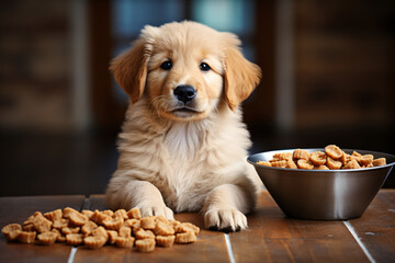 A cute and adorable Golden Retriever puppy sits expectantly, surrounded by an array of food bowls containing a variety of dry and wet food, chew snacks, and treats.
