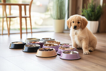 A cute and adorable Golden Retriever puppy sits expectantly, surrounded by an array of food bowls containing a variety of dry and wet food, chew snacks, and treats.