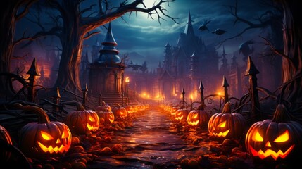 Fototapeta na wymiar Experience Halloween’s eerie allure with a lit path to a castle, witch’s hut, and a secluded lit pumpkin.