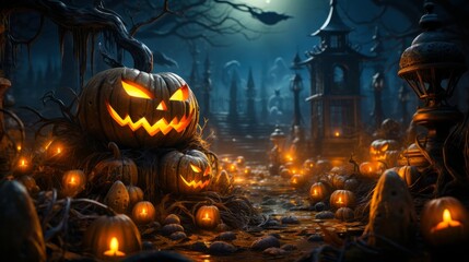 Fototapeta na wymiar In a shadowy forest, an eerie Halloween scene comes to life. Flickering jack-o'-lanterns with haunting faces illuminate the dark. Twisted trees add a chilling backdrop.