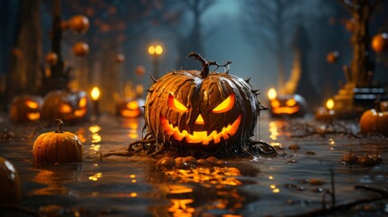 Amidst a flooded forest, glowing jack-o'-lanterns cast an eerie light. One sits in a puddle, creating a haunting reflection. Generative AI