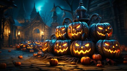 A haunting Halloween tableau unfolds. An imposing church towers behind festive jack-o'-lanterns. Glowing eyes watch passersby as pumpkins cast chilling shadows.  Generative AI