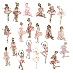 Naklejka premium Watercolor ballerina girl in pink dress. Pretty small ballerina. Watercolor hand drawn illustration. Can be used for greetings cards or posters.