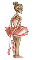 Watercolor ballerina girl in pink dress. Pretty small ballerina. Watercolor hand drawn illustration. Can be used for greetings cards or posters.