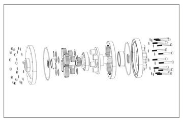 3D design of a planetary gear with exploded view.