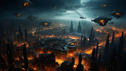 Sci-fi scene of the creature machine invading city painting - obrazy, fototapety, plakaty