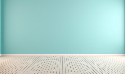 Empty light blue wall with wooden floor and beautiful chiaroscuro. Minimalist background for product presentation, backdrop