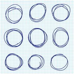 Hand drawn pen circles line sketch set on notebook pages. Drawing blue pen circular scribble doodle round circles. Vector illustration.