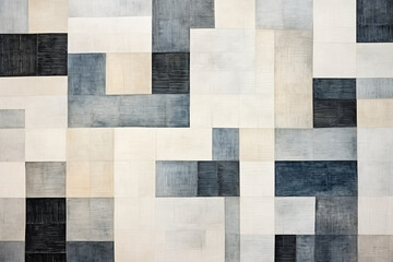 Abstract artwork of geometric patchwork of wooden, gray and black color background, 3D illustration.