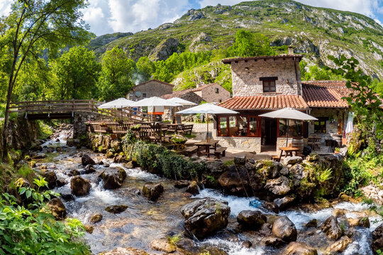 Bulnes in the Picos de Europa - The beautiful village of Bulnes on the hiking route of the Picos de Europa during springtime