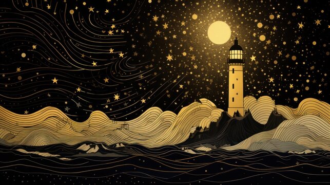 Abstract Design Of Light House Under The Starry Night