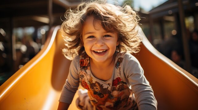 Young child sliding down a colorful slide with a big, joyful smile.