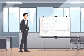 Illustration of a businessman near an information board, economic calculation of the company's performance indicators.