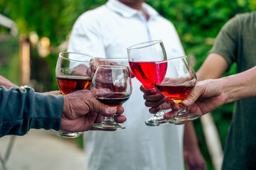 Home Garden BBQ Party, Wine Glasses Clink in Family Toast, enjoying harvest time together outside at front of house, grandfather and grandfather asian people, man and woman