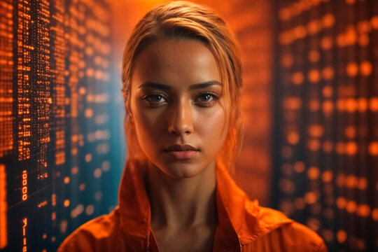 Female face with orange binary code background