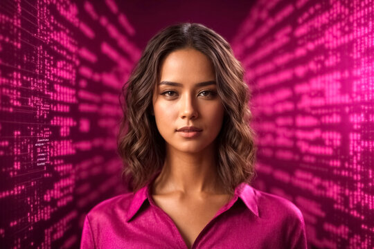 Female face with magenta binary code background