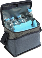 blue cooler bag with bottles of water isolated - 644960703