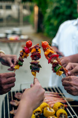 BBQ Fun Party with Grandparents, Family Gathering in the Garden, Summertime with grandpa, grandma, father and mother, BBQ Grill