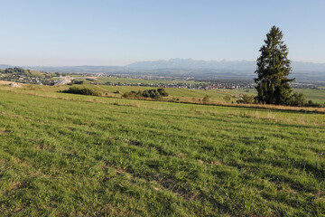 NOWY TARG, POLAND - SEPTEMBER 05, 2023: View of Nowy Targ in the valley under the Tatra Mountains.