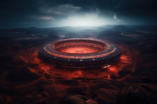 sport. banner. futuristic stadium on the planet moon mars in dark colors with space for text