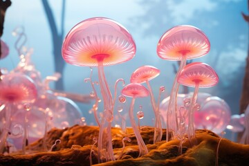  pink glass futuristic jellyfish mushrooms in a magical forest