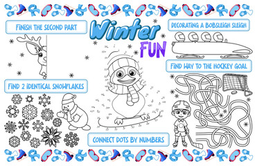 Festive placemat for children. Printable activity sheet "Winter fun" with a labyrinth, connect the dots, and a coloring page. 17x11 inch printable vector file