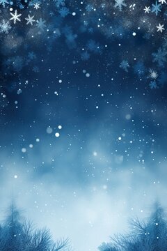 Blue Christmas background with snowflakes and empty space. Copy space for your text. Merry Xmas, Happy New Year. Vertical festive backdrop. 