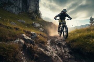 Mountain biking adventure in rugged terrain. Conquer challenging trails with a mountain bike amidst breathtaking mountain landscapes. 'generative AI'