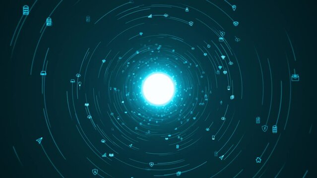 Motion graphic of Blue technology icons floating rotation in circle like in space with abstract background