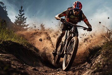 Mountain biking adventure in rugged terrain. Conquer challenging trails with a mountain bike amidst breathtaking mountain landscapes. 'generative AI'	