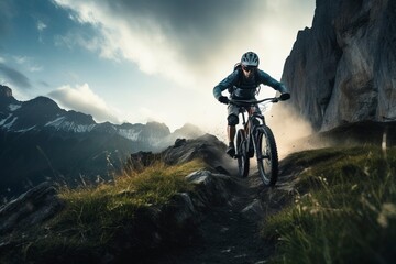Mountain biking adventure in rugged terrain. Conquer challenging trails with a mountain bike amidst breathtaking mountain landscapes. 'generative AI'	 - obrazy, fototapety, plakaty