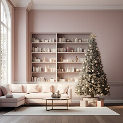Living room with christmas tree and decorations.