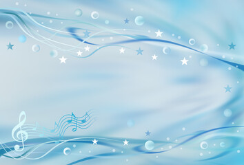 Fototapeta na wymiar Abstract music background in blue-white pastel colors. Background with treble clef , notes and stars . Free copy space