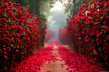 country road lined with red roses