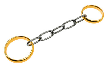 Obraz premium Two wedding gold rings connected chain isolated on transparent png. Save family