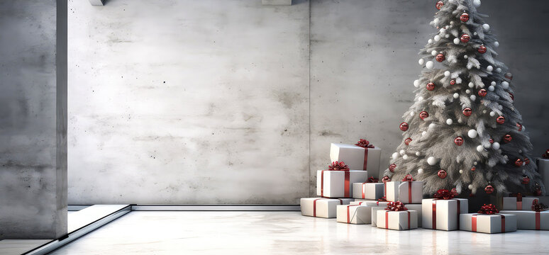 Loft apartment, room decorated white Christmas tree, gift boxes, light, candles on concrete textured place. Modern interior mock up for holidays. Gorgeous New Year background. Generative ai.