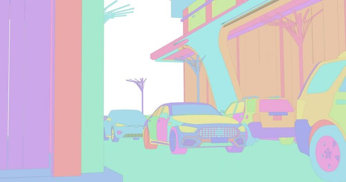 traffic of cars on a city street, cartoon multicolors