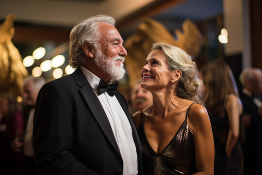 Man and woman at an upscale charity gala engage