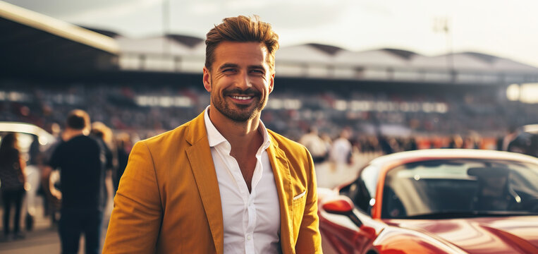 Man at a race track standing next to a supercar