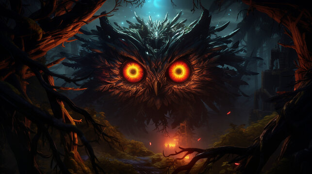 painting of a large monster stares at you closely in the center