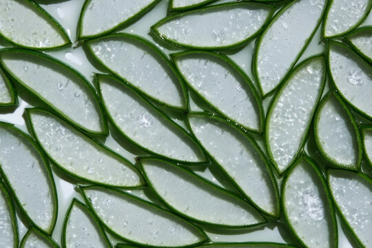Pieces of fresh alloe vera. Texture of the medicinal plant. Top view