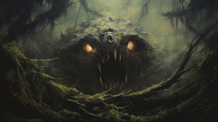 painting of a large monster stares at you closely in the center