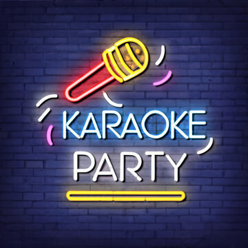 Karaoke party neon signboard. Karaoke neon light sign with glowing letters and microphone. Bright banner and poster template for music night, karaoke party and live music show. Vector 