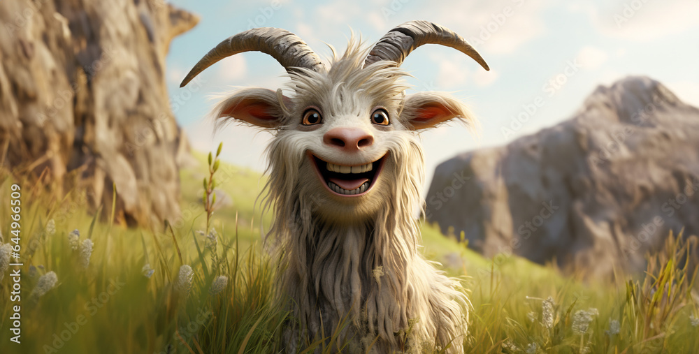 Wall mural baby goat on the grass, A cute goat smile on field, goat on mountain hd wallpaper - Wall murals