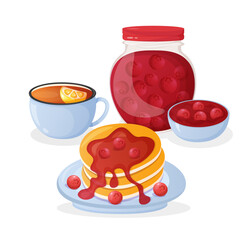 Sweet breakfast banner concept with pancakes , jam and tea